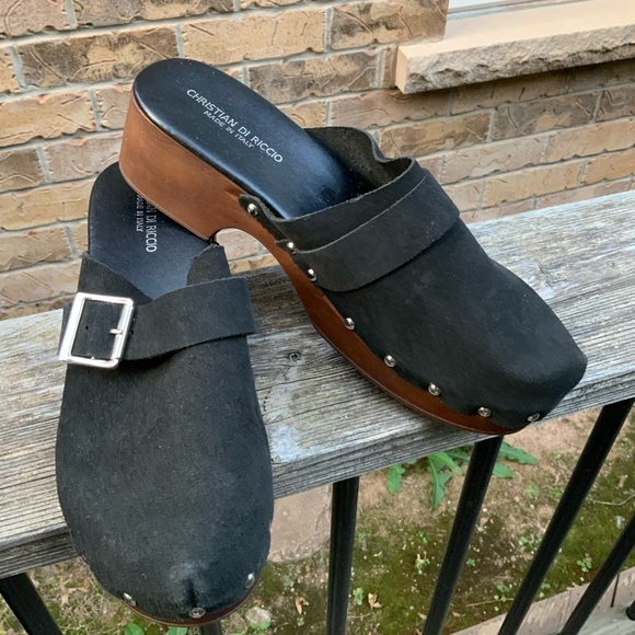 CHRISTIAN DI RICCIO Leather Black Wooden Clogs Women’s Size 10 Made in Italy NEW - Picture 7 of 16